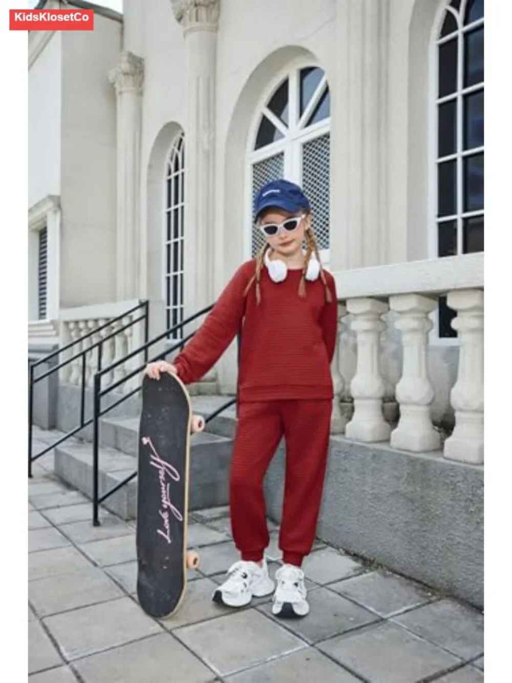 Girls Waffle Knit 2 Piece Tracksuit Jogger Set Long Sleeve Athletic Activewear